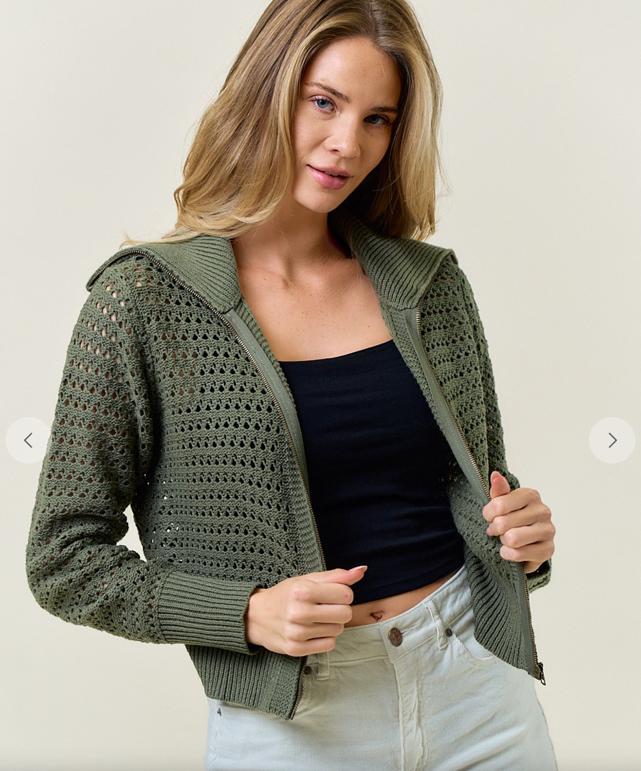 ZIP-UP POINTELLE OPEN KNIT SWEATER