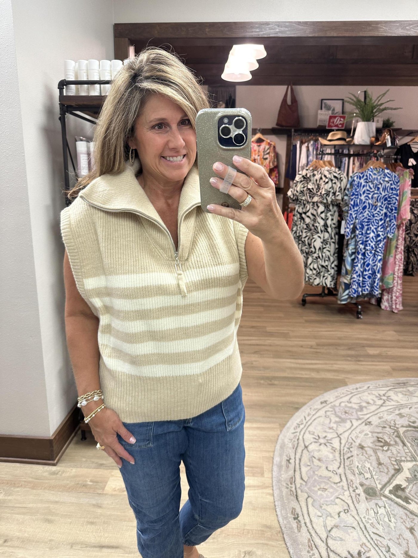 Striped Half Zip Up Sleeveless Sweater