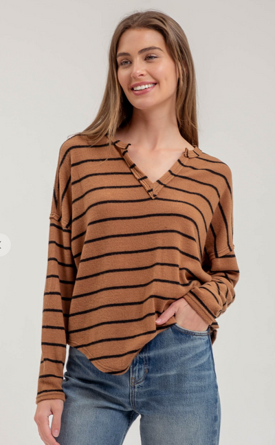 Brown/Black Stripe Split Neck