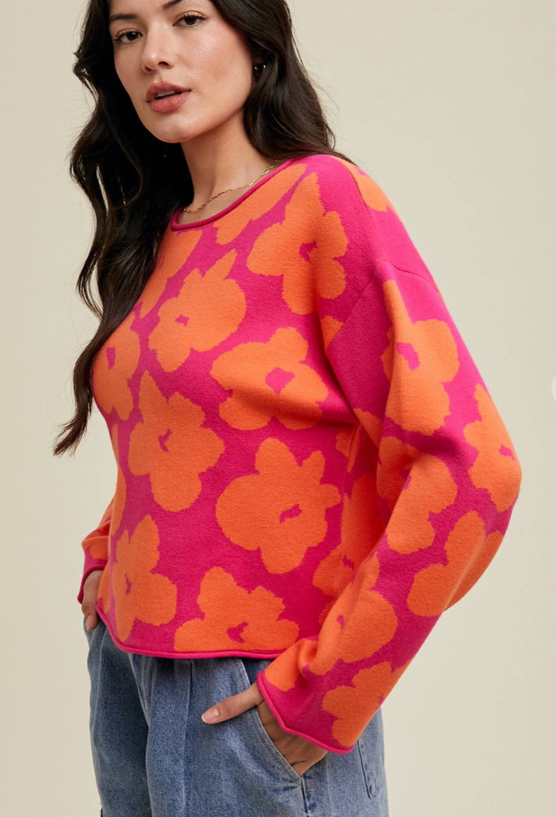 FLORAL JACQUARD RELAXED CROP SWEATER