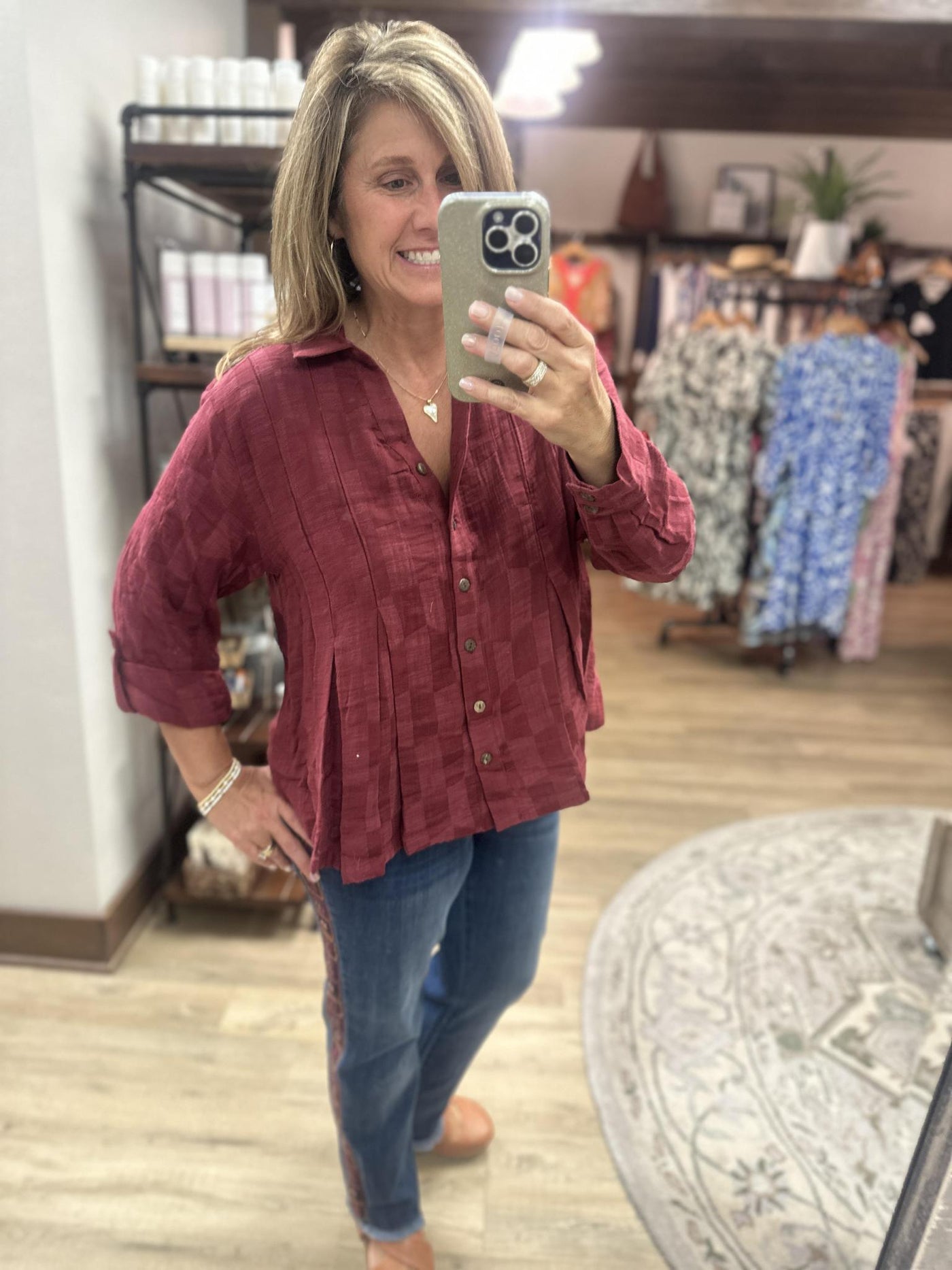 Tru Luxe V-NECK SWING SHIRT - WINE