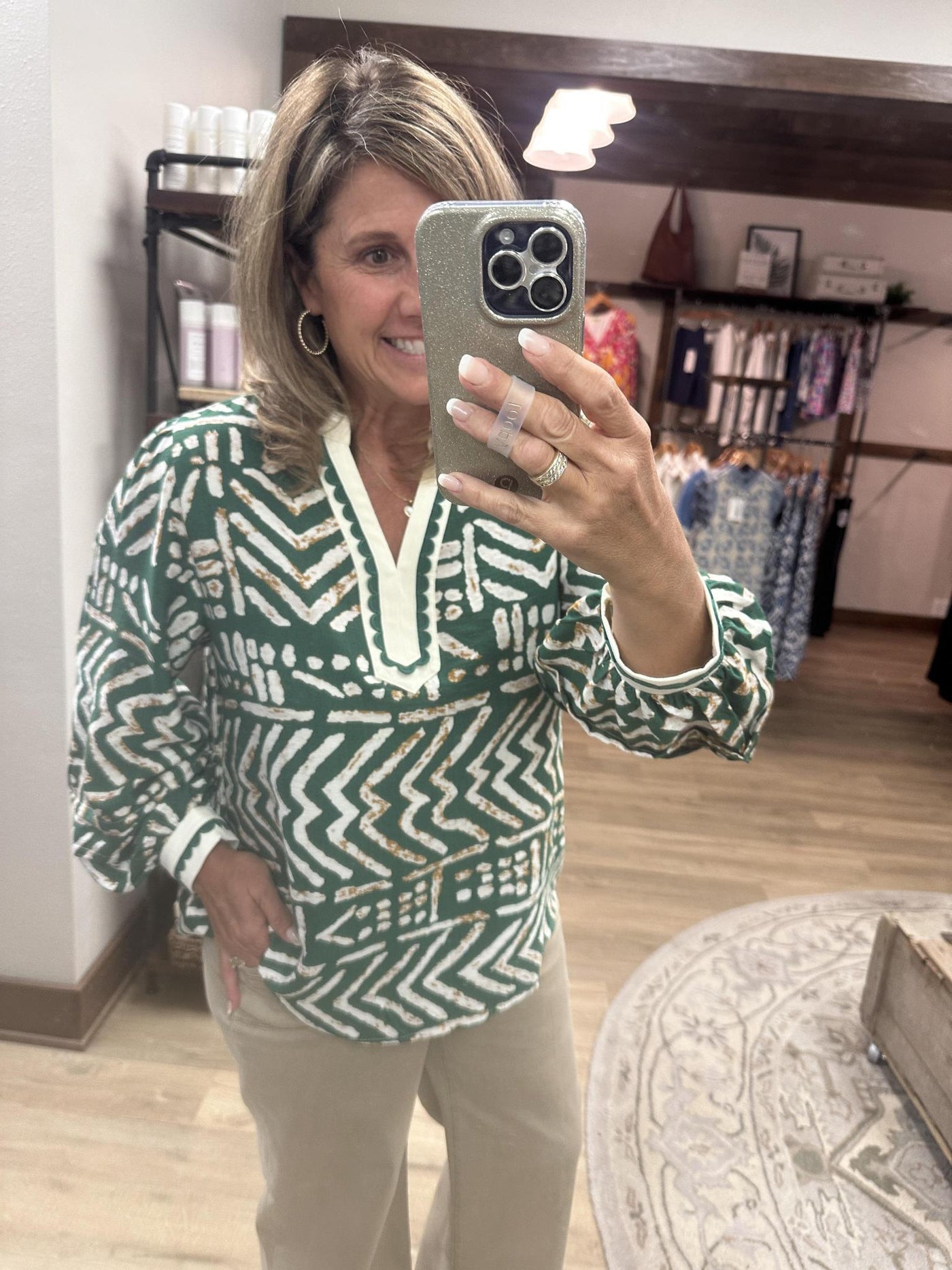 Notch Neck Green Print Top