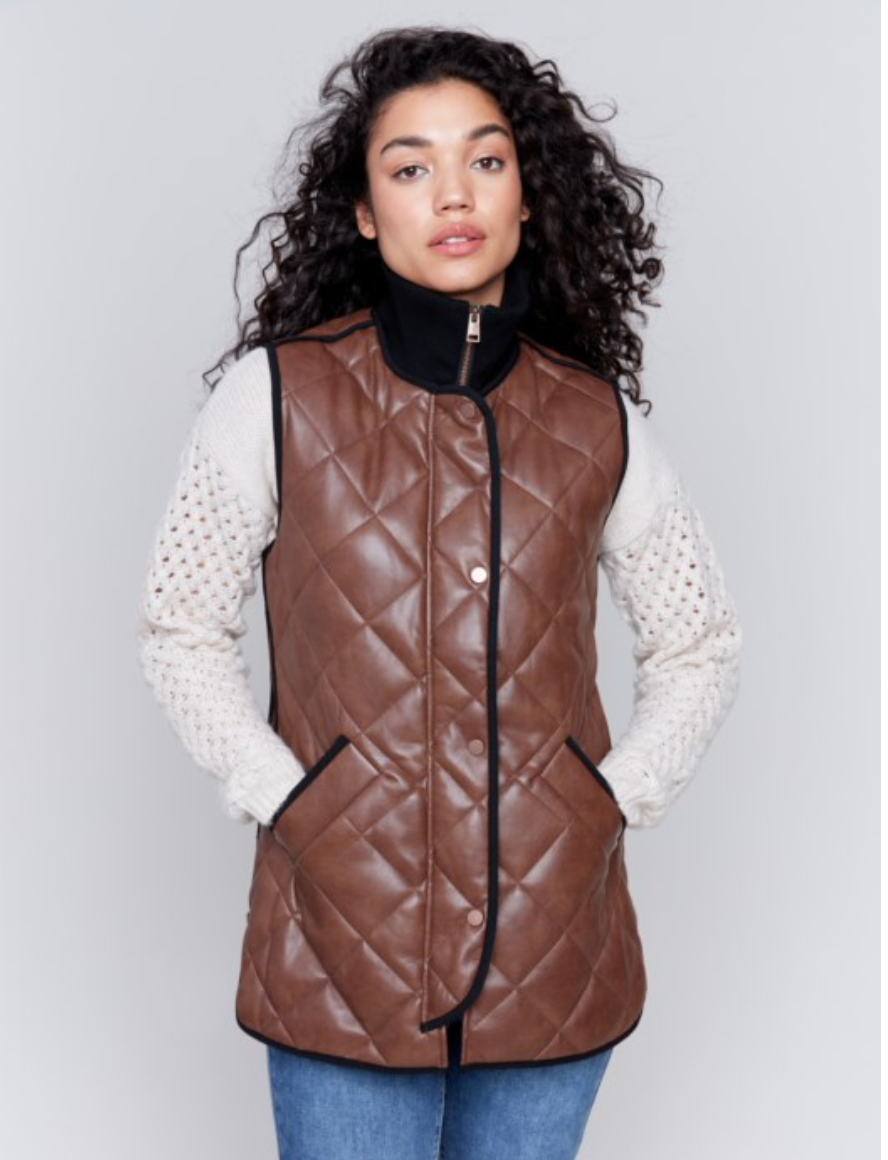 Long Quilted Faux Leather Vest - Brandy