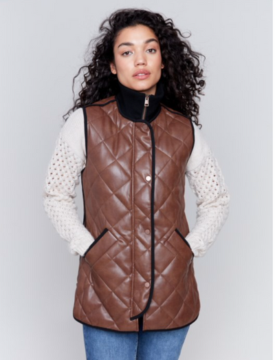 Long Quilted Faux Leather Vest - Brandy