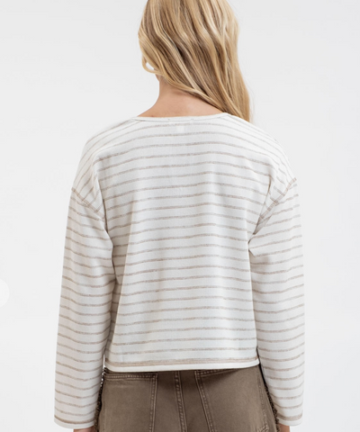 STRIPE SPLIT NECK MARLED KNIT TOP