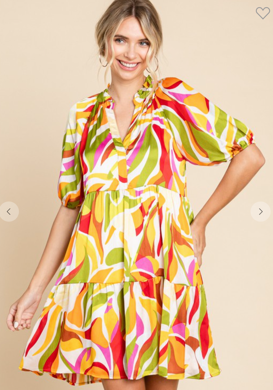 Lime/Orange Satin Print Dress