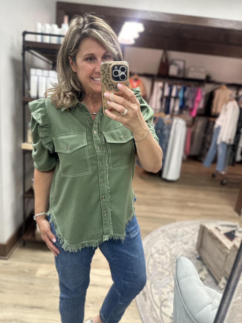 Linen Button Up w/Ruffled Gathered Sleeve