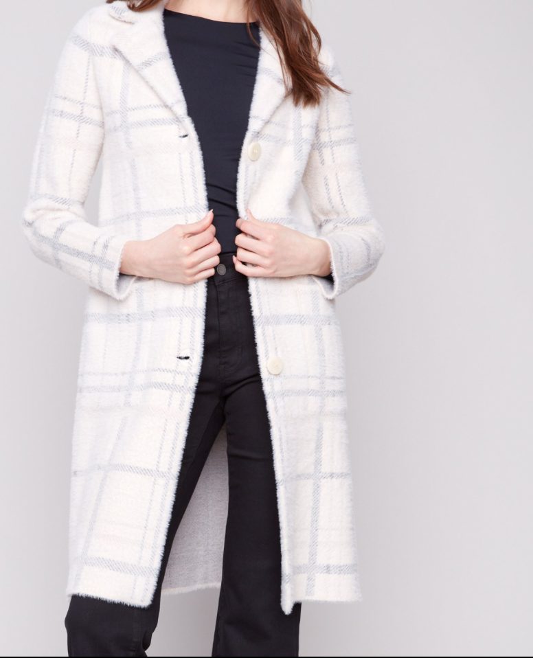 Charlie B Long Plaid Knit Button Coatigan
