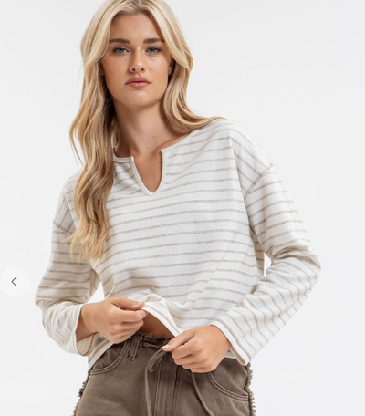 STRIPE SPLIT NECK MARLED KNIT TOP