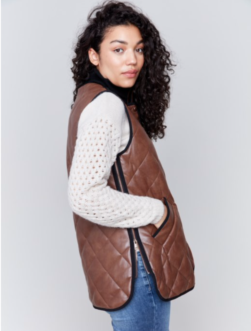 Long Quilted Faux Leather Vest - Brandy