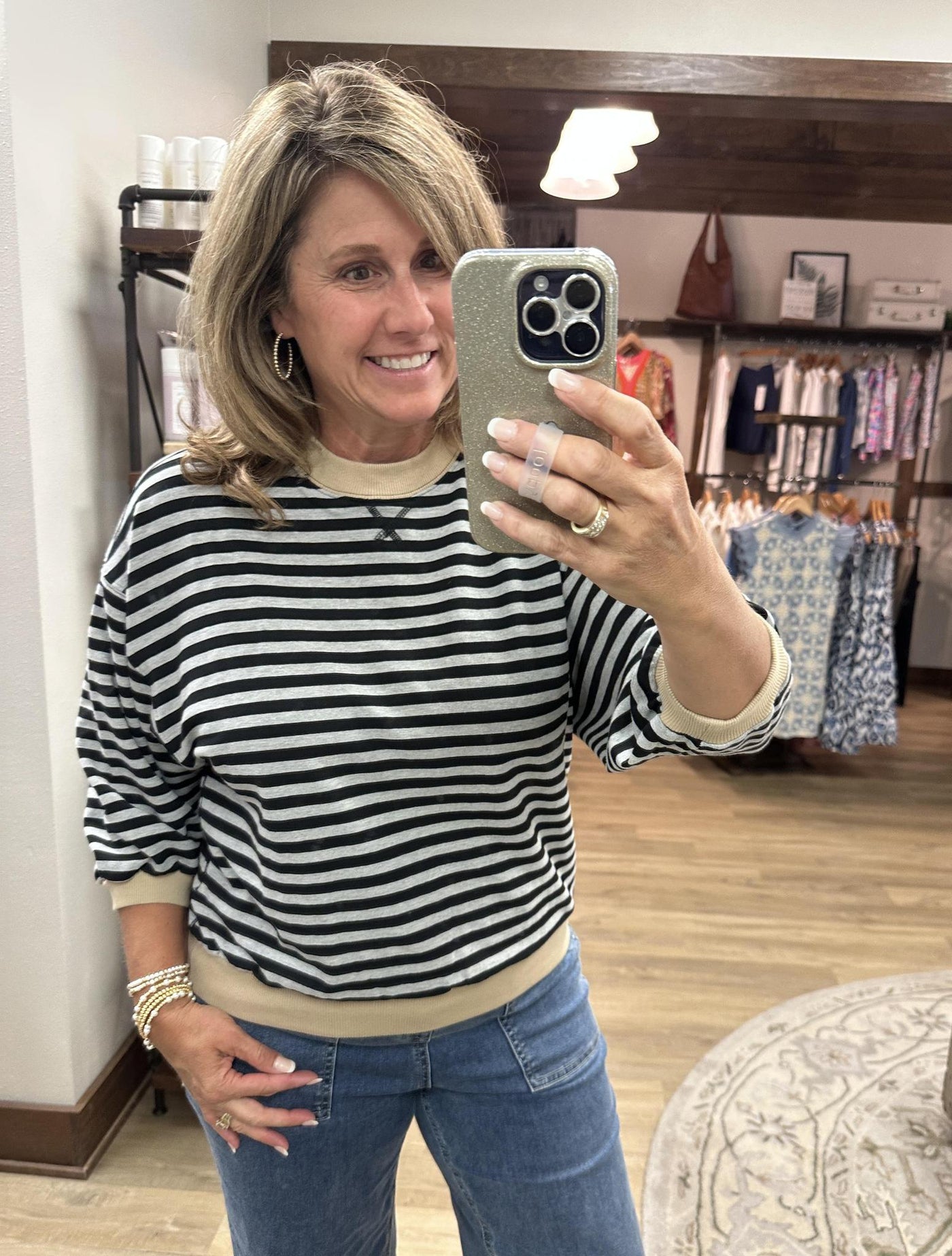 Striped Color Block 3/4 Sleeve Top-gray