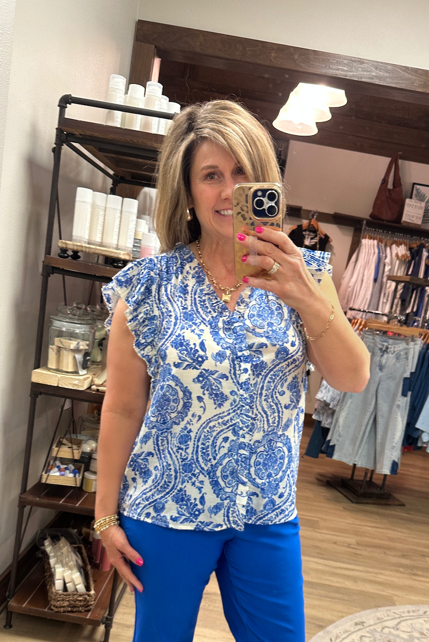Ruffle Sleeve Paisley Top