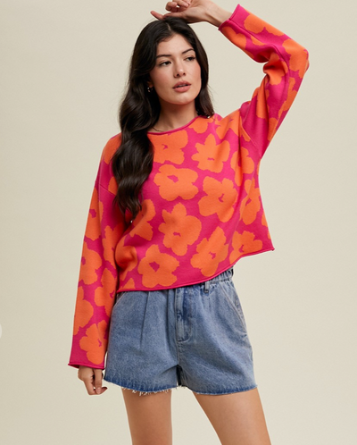 FLORAL JACQUARD RELAXED CROP SWEATER