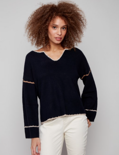 Charlie B Ribbed V Neck Embroidery Sweater