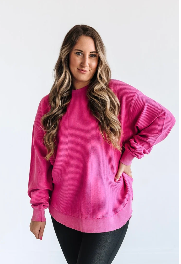 Deep Pink Rounded hem Corded Crew