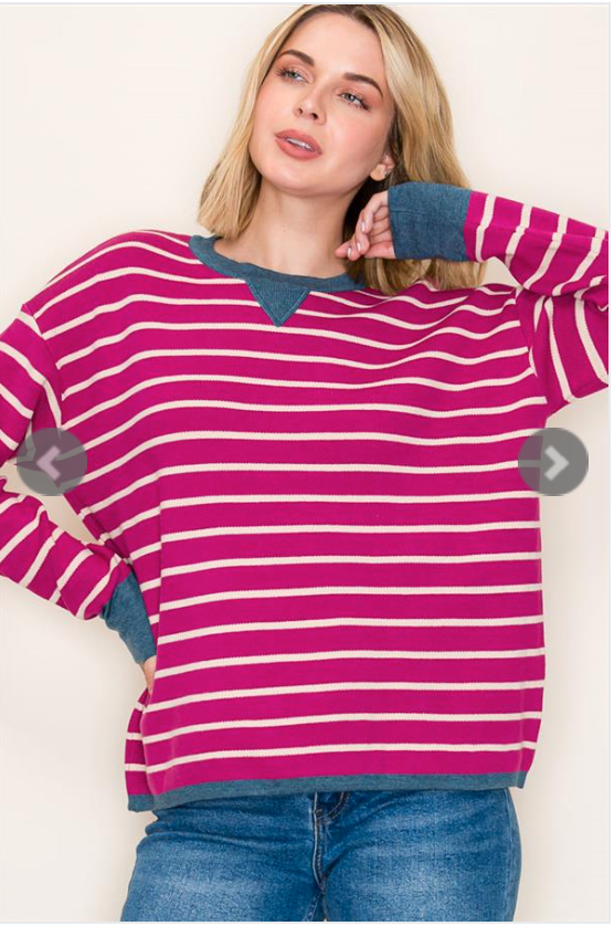 Magenta oversized Striped Crew