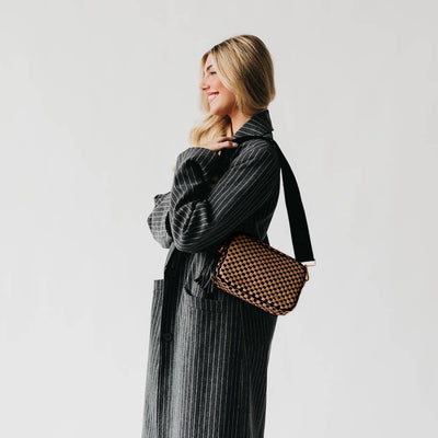 Woven Willow Camera Crossbody Bag Checkered Coffee