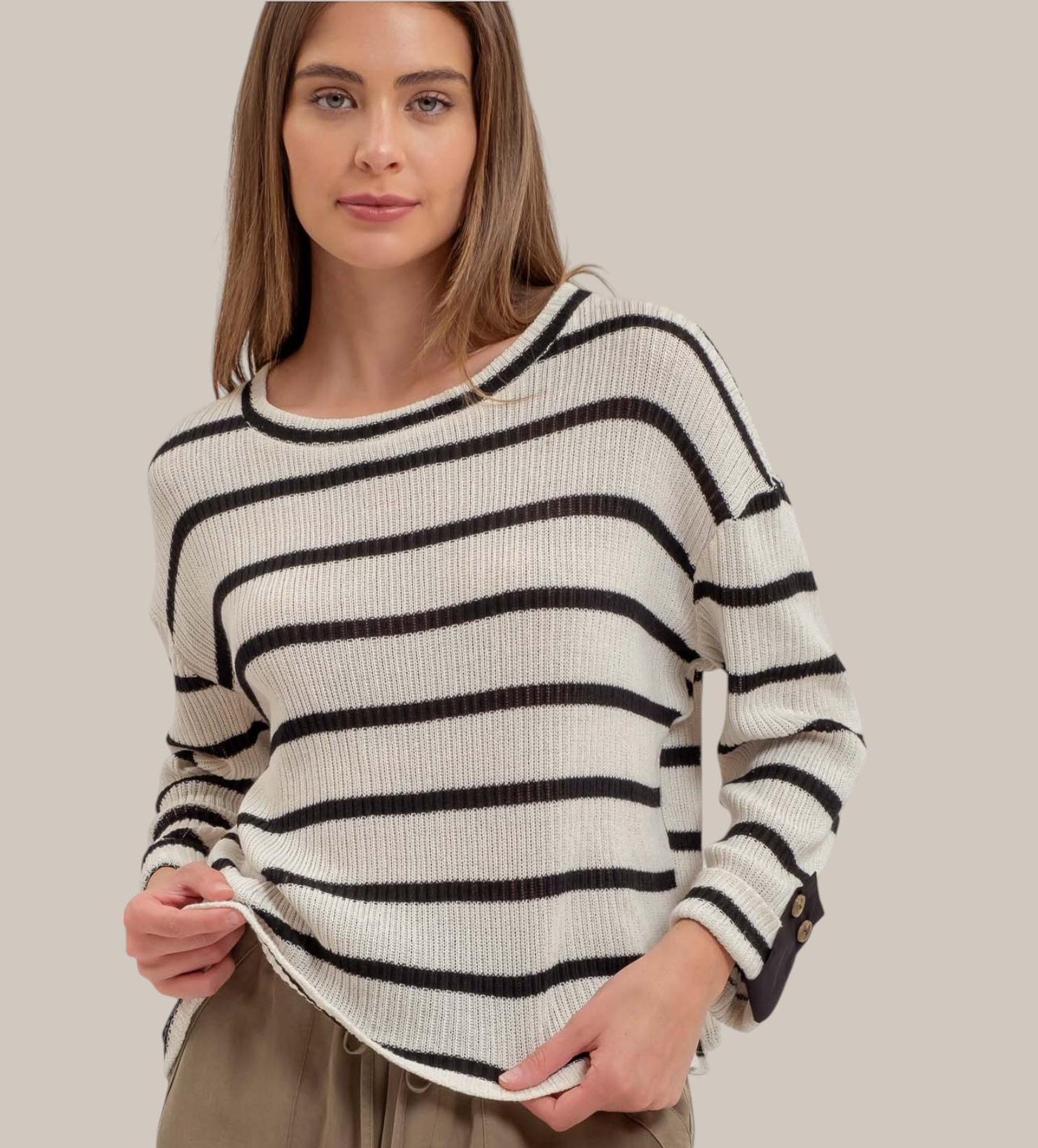 STRIPE 3/4 CUFFED SLEEVE KNIT