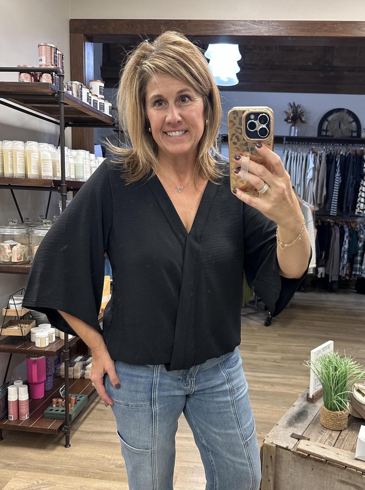 Black Surplice Bell Sleeve Top