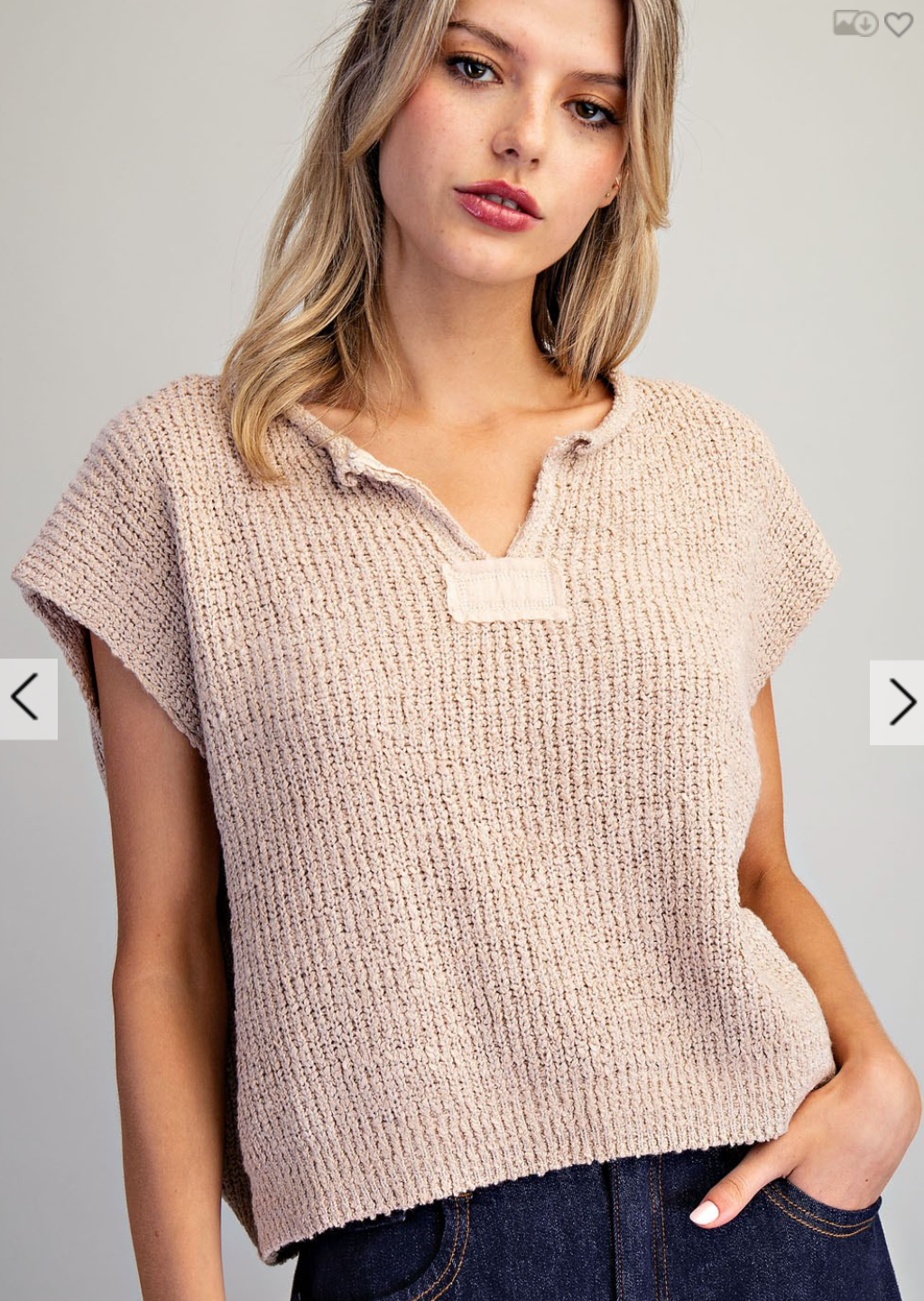 Solid Cap Sleeve Notched Neck Knit Sweater