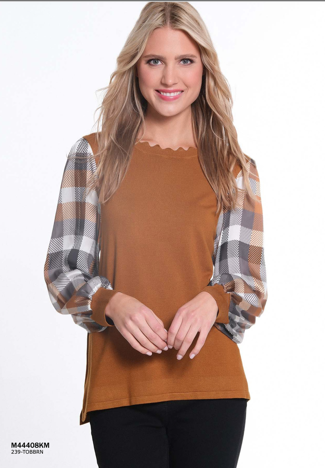 Multiples Scallop Neck Plaid Sleeve