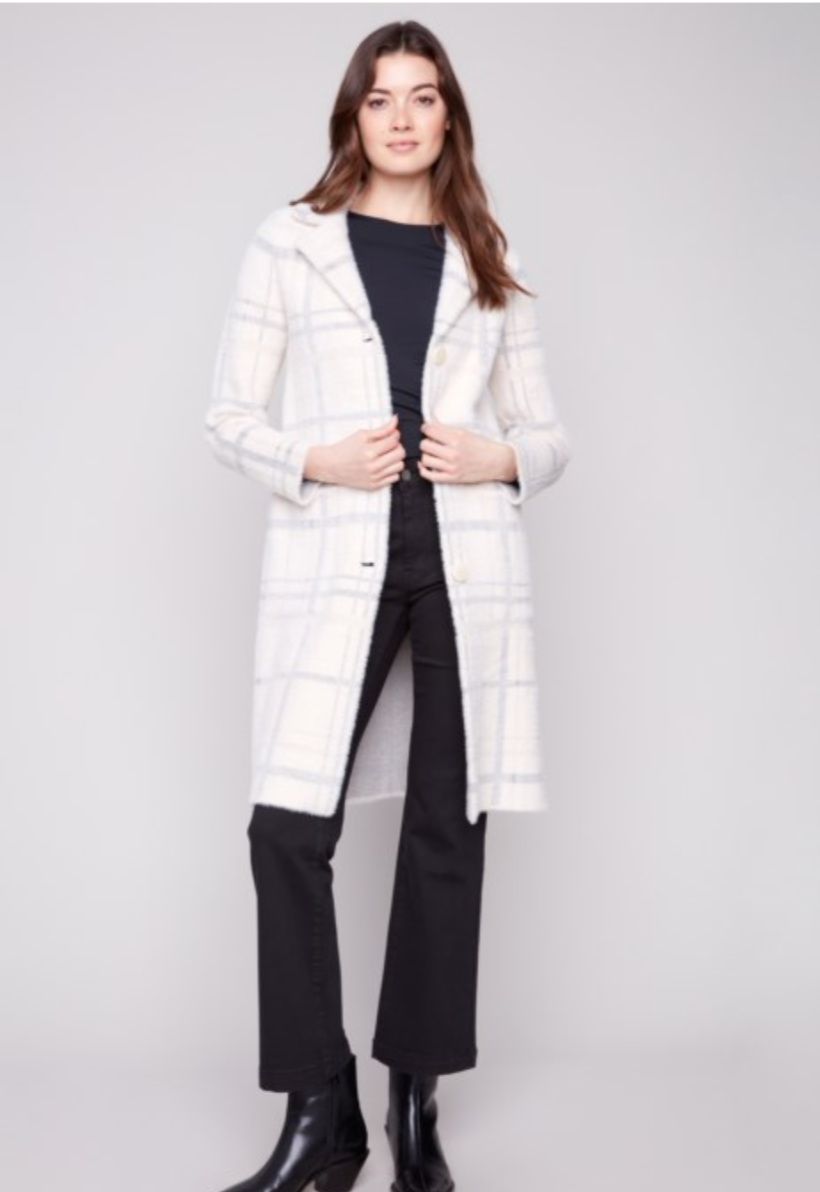 Charlie B Long Plaid Knit Button Coatigan