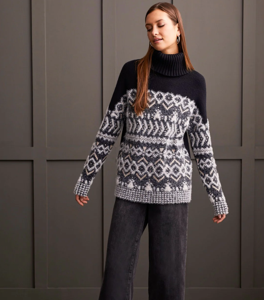 Tribal TURTLENECK INTARSIA SWEATER-Gray