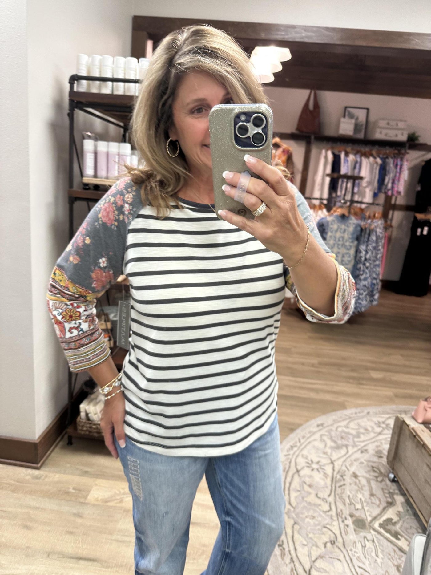 Multiples Stripe/Floral Scoop neck