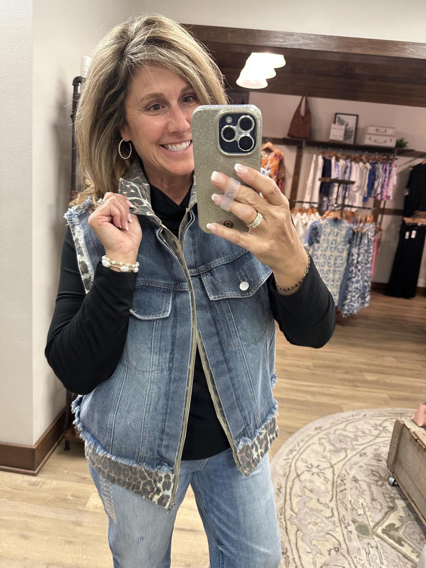 Leopard And Denim Vest