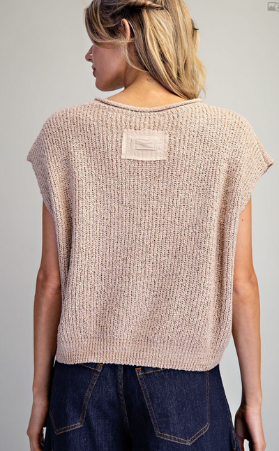 Solid Cap Sleeve Notched Neck Knit Sweater