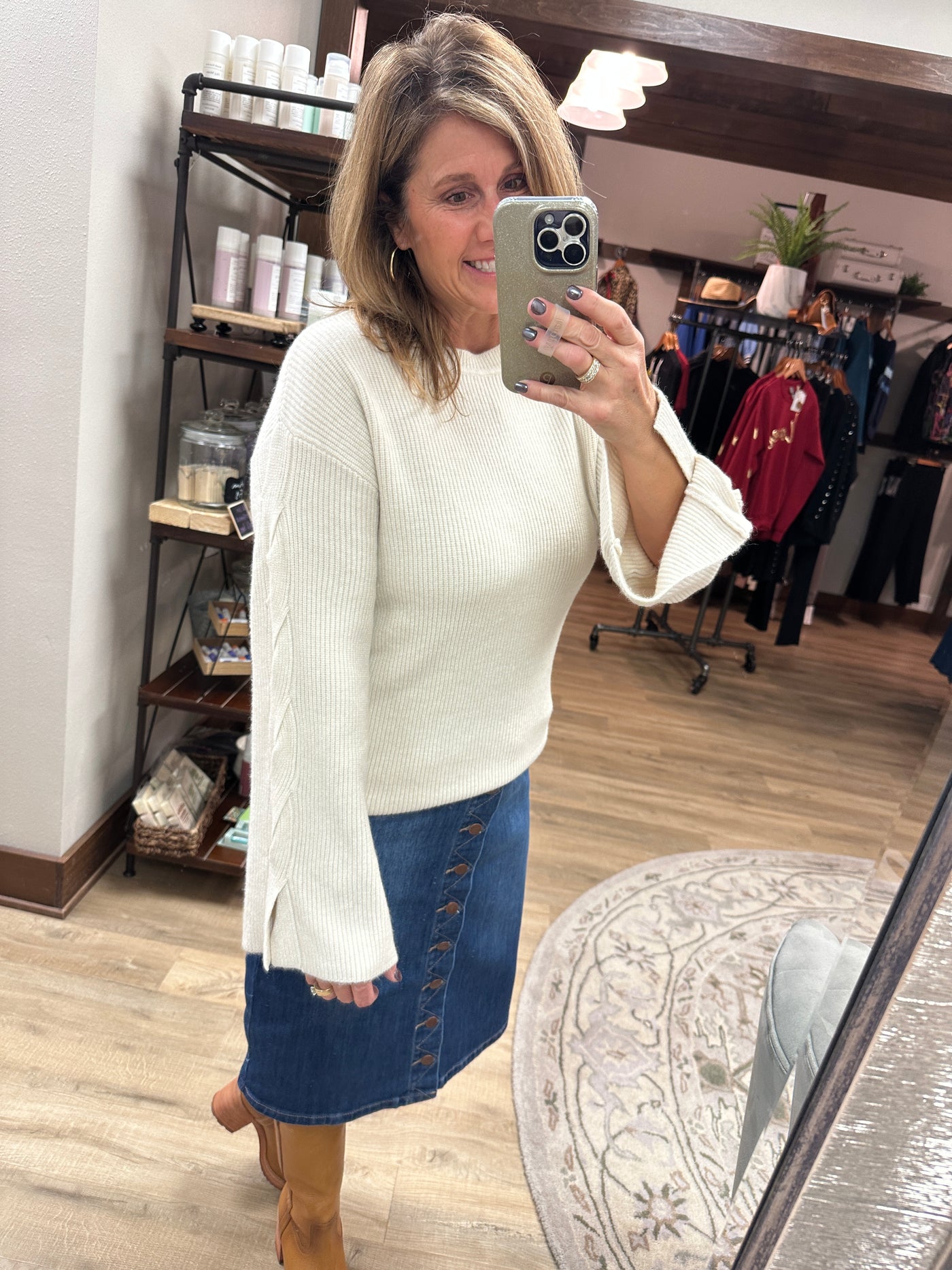 Charlie B Crew Sweater W/ Cable Sleeve Detail