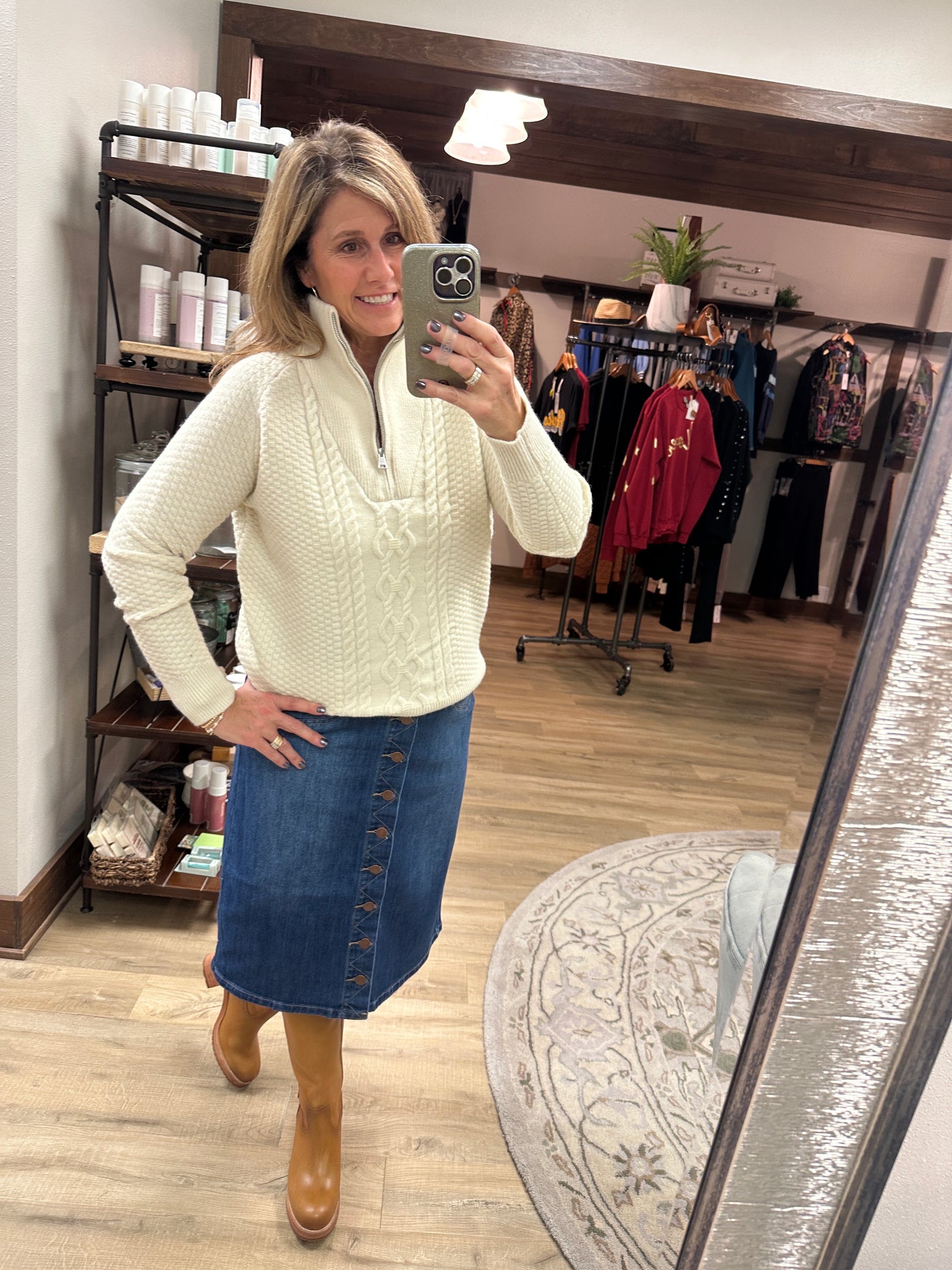 Button Front Midi Denim SKirt