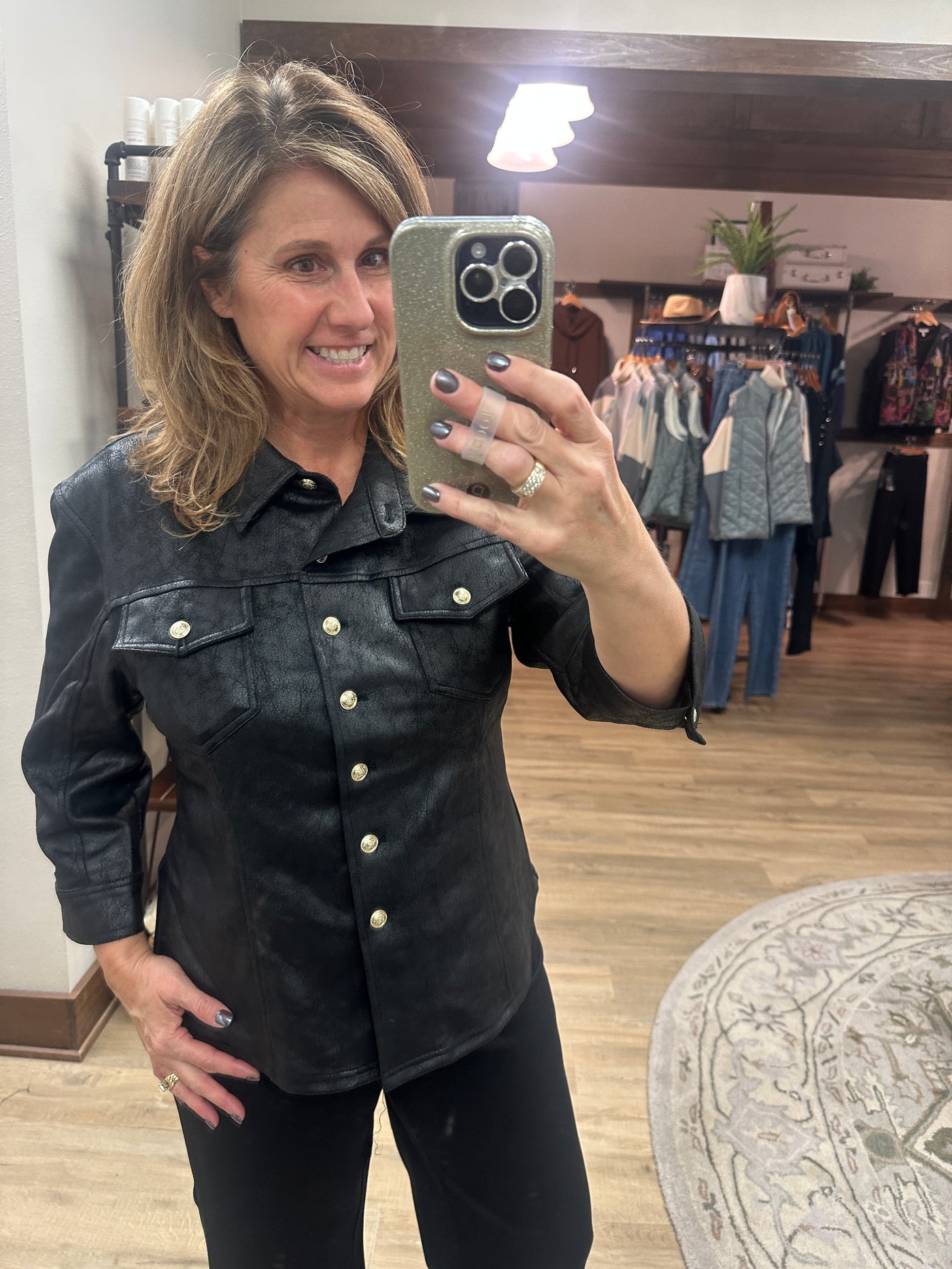 Vegan Leather Shirt Jacket With Crest Buttons