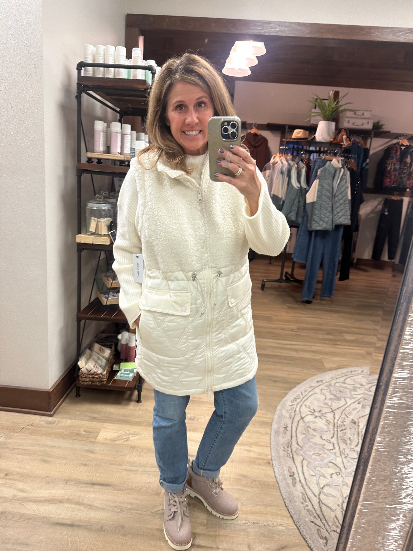 Tribal Sleeveless Mix Media Quilted Sherpa Vest