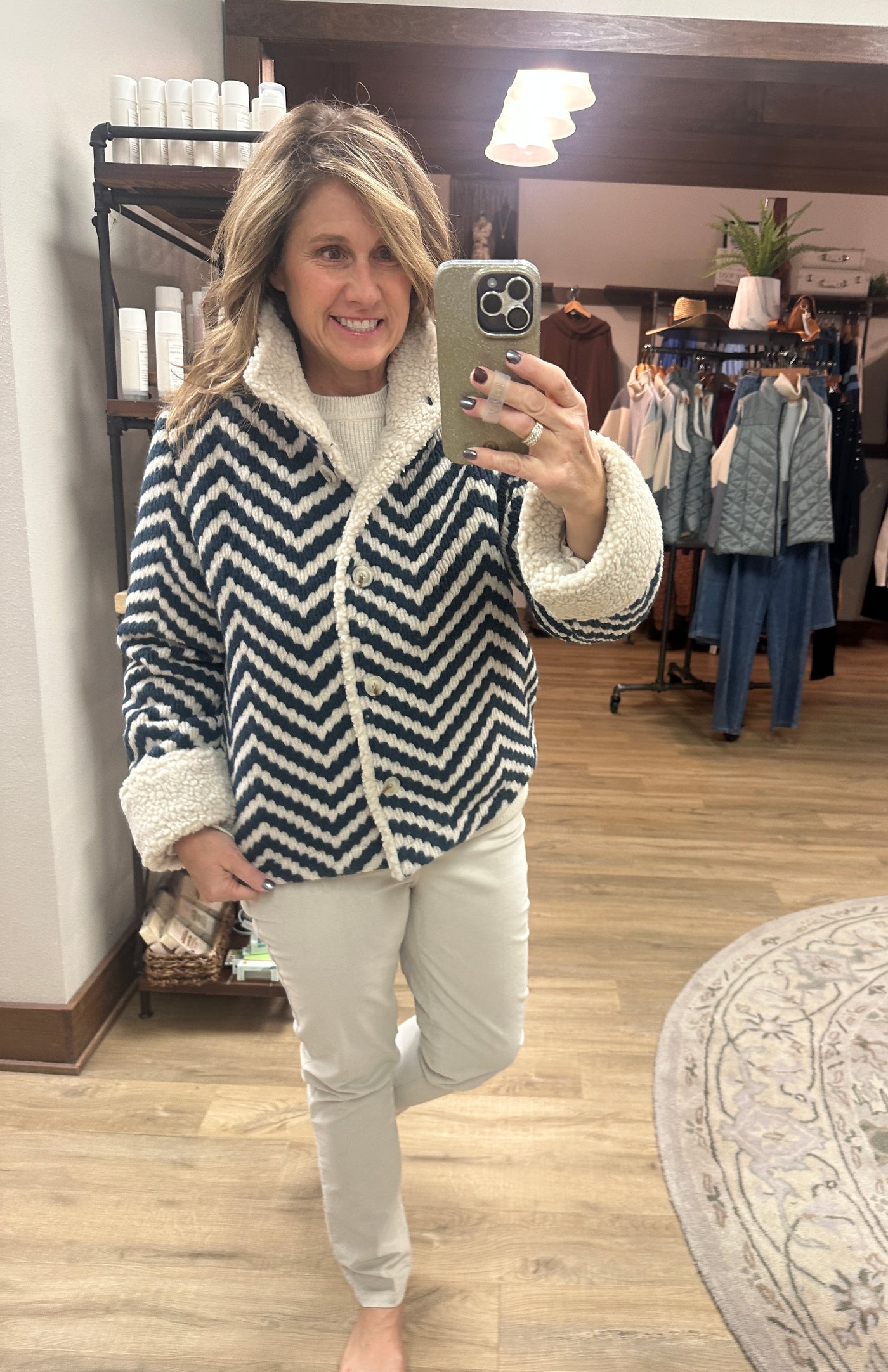 Charlie B Chevron Boucle Jacket W/Sherpa Trim