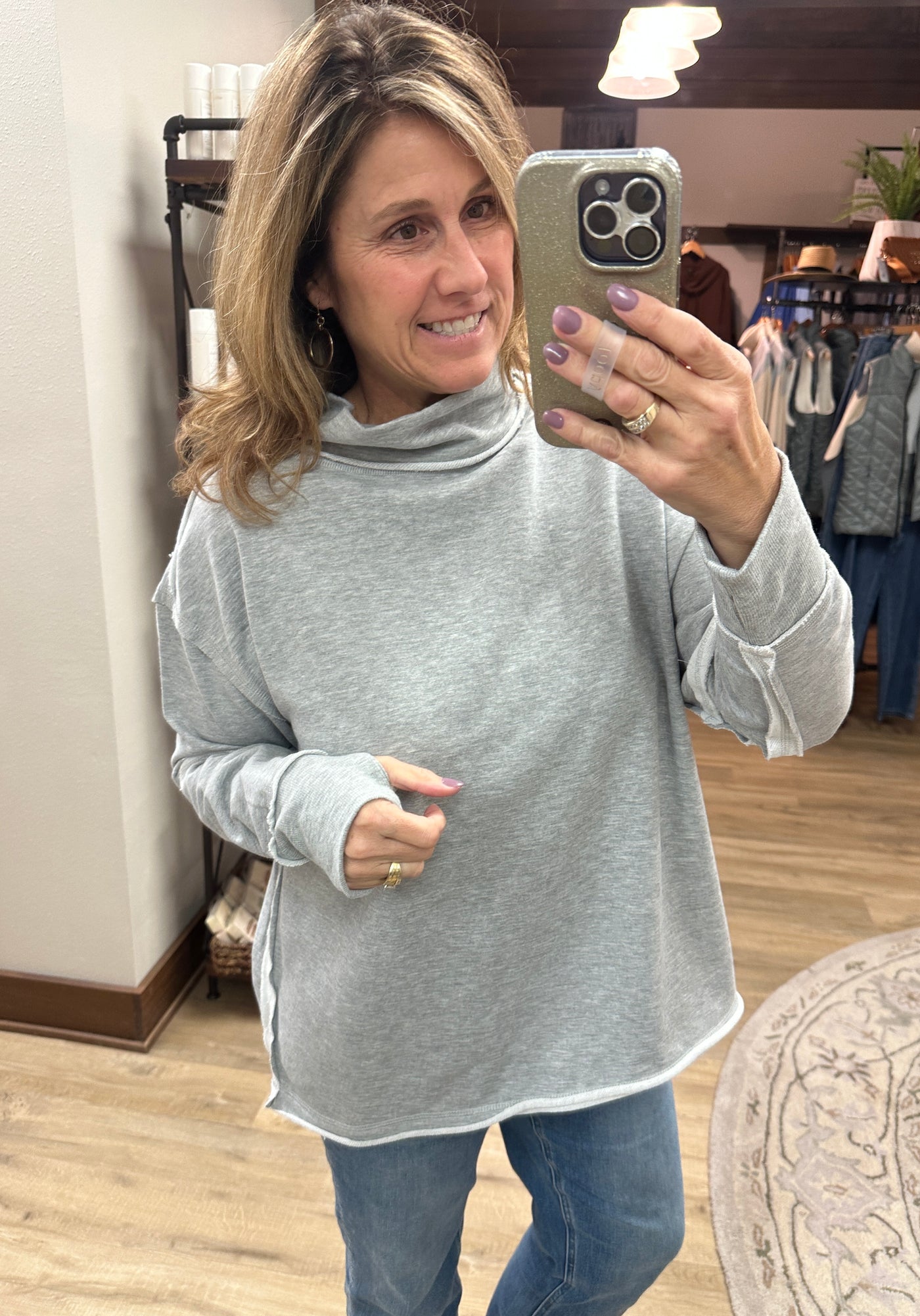 Mock Neck Knit Top - Heather Grey