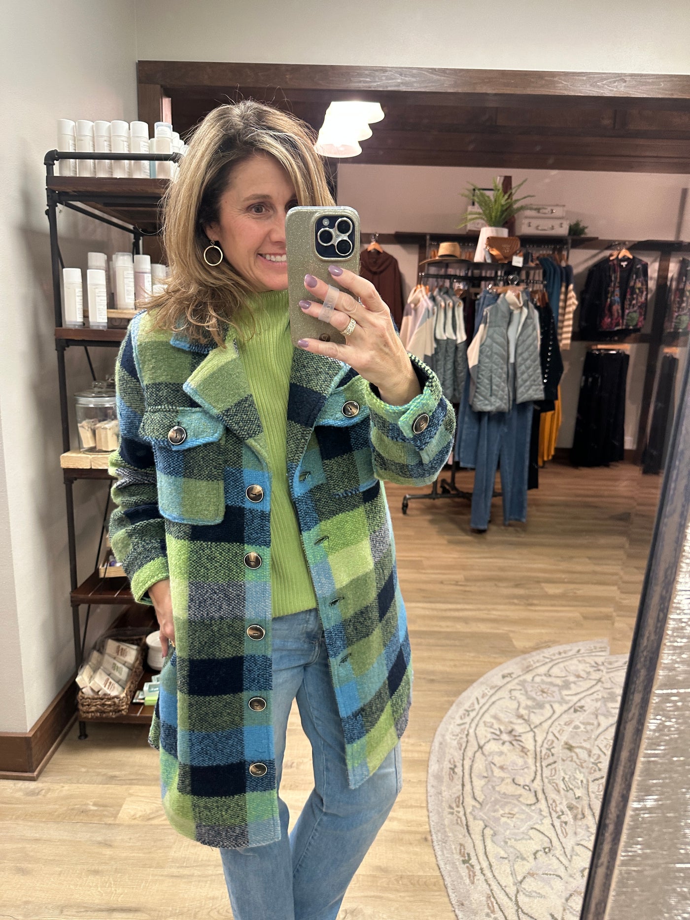 Tribal Knit Plaid Notch Collar Shacket