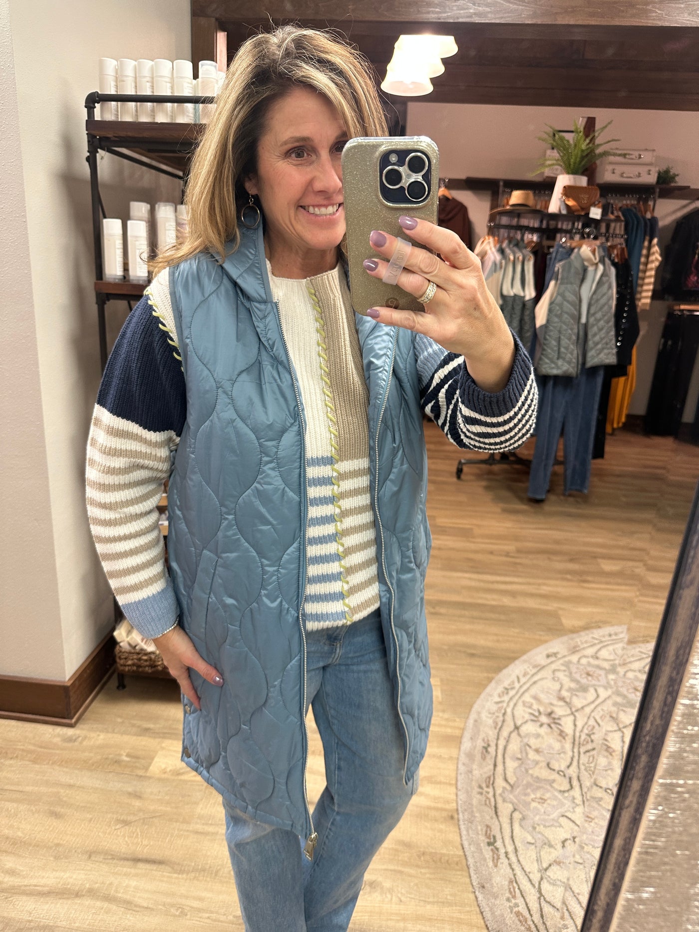 Charlie B Pearlized Long Hooded Vest - Oxford