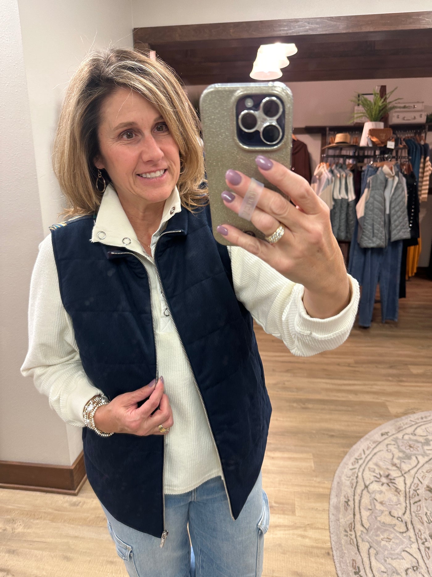 Multiples Navy Corduroy vest w/print