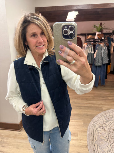 Multiples Navy Corduroy vest w/print