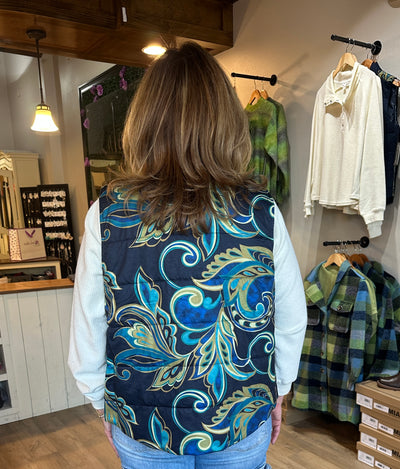 Multiples Navy Corduroy vest w/print