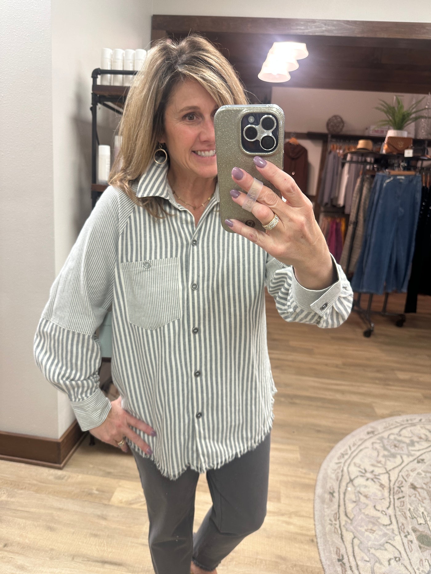 Multiples Raglan Sleeve Stripe Button Up