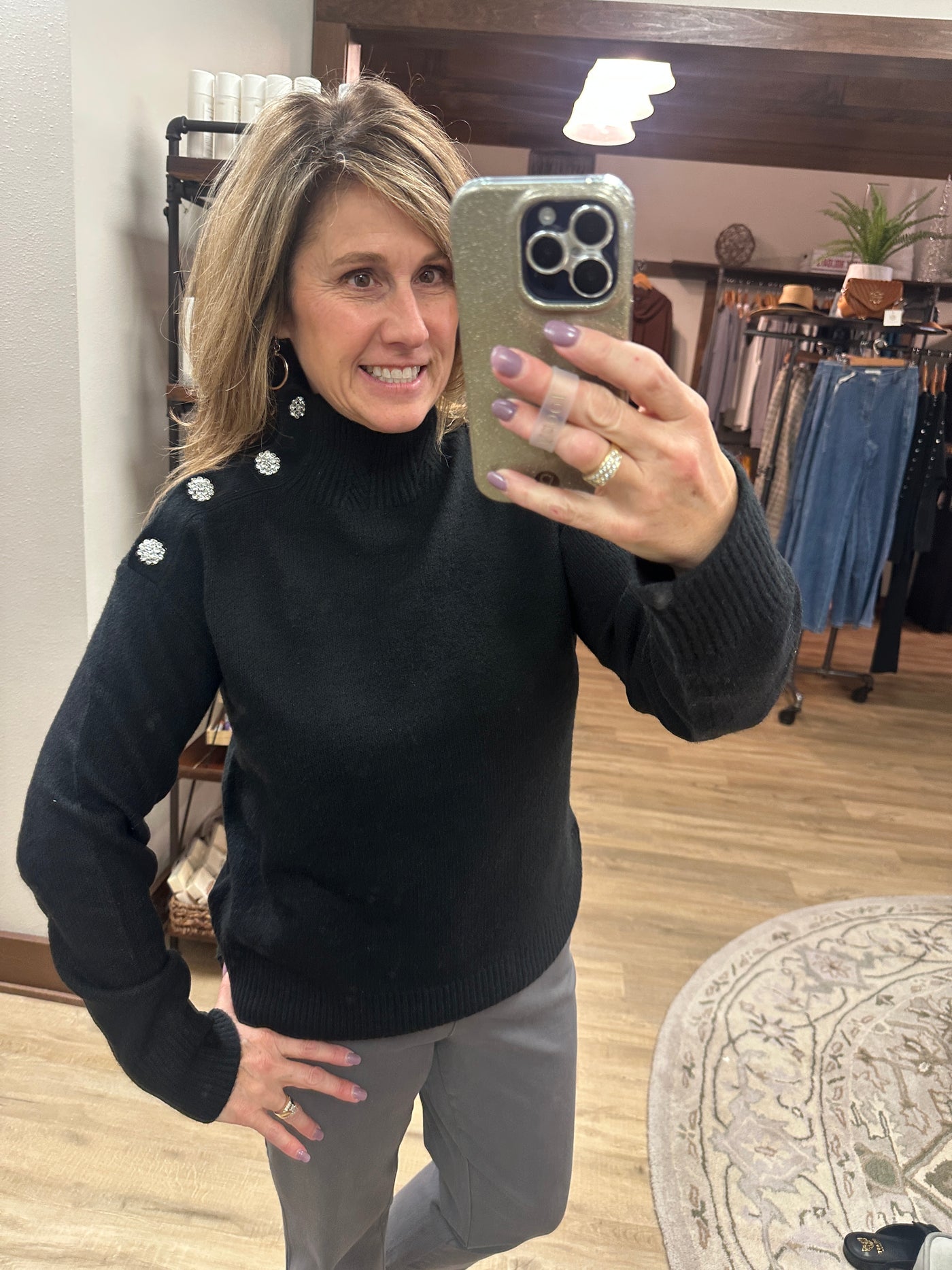 Charlie B Mock Neck Sweater w/rhinestone buttons