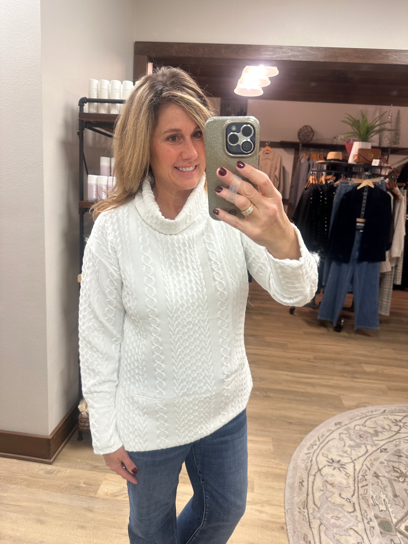 White Textured Cowl Neck