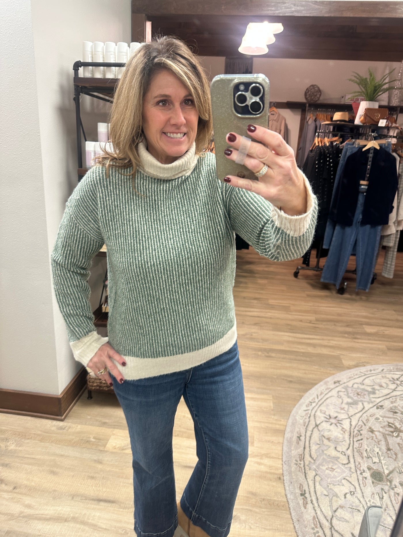 Green Stripe Turtleneck Sweater
