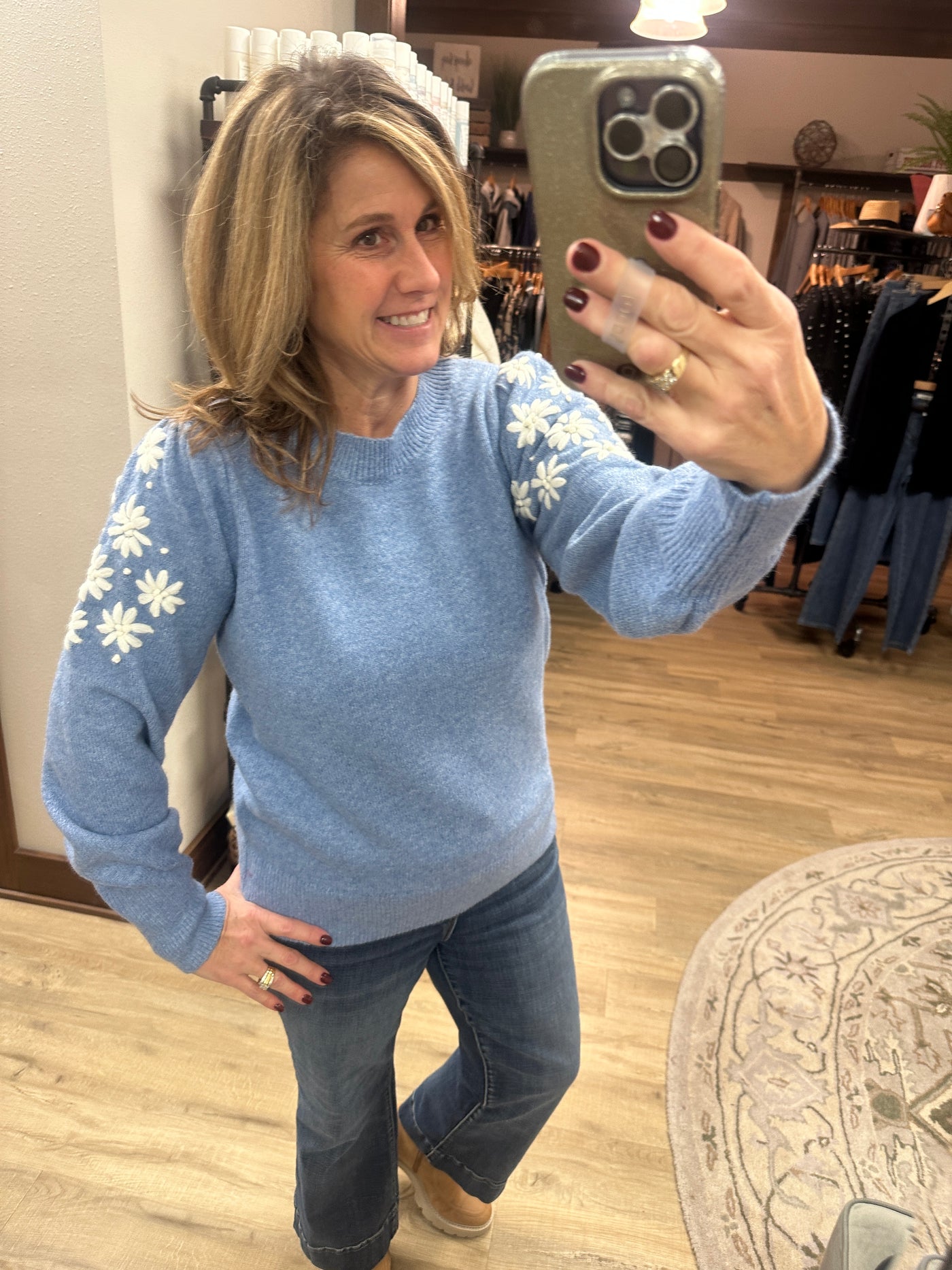 Floral Embroidery Bubble Sleeve Sweater