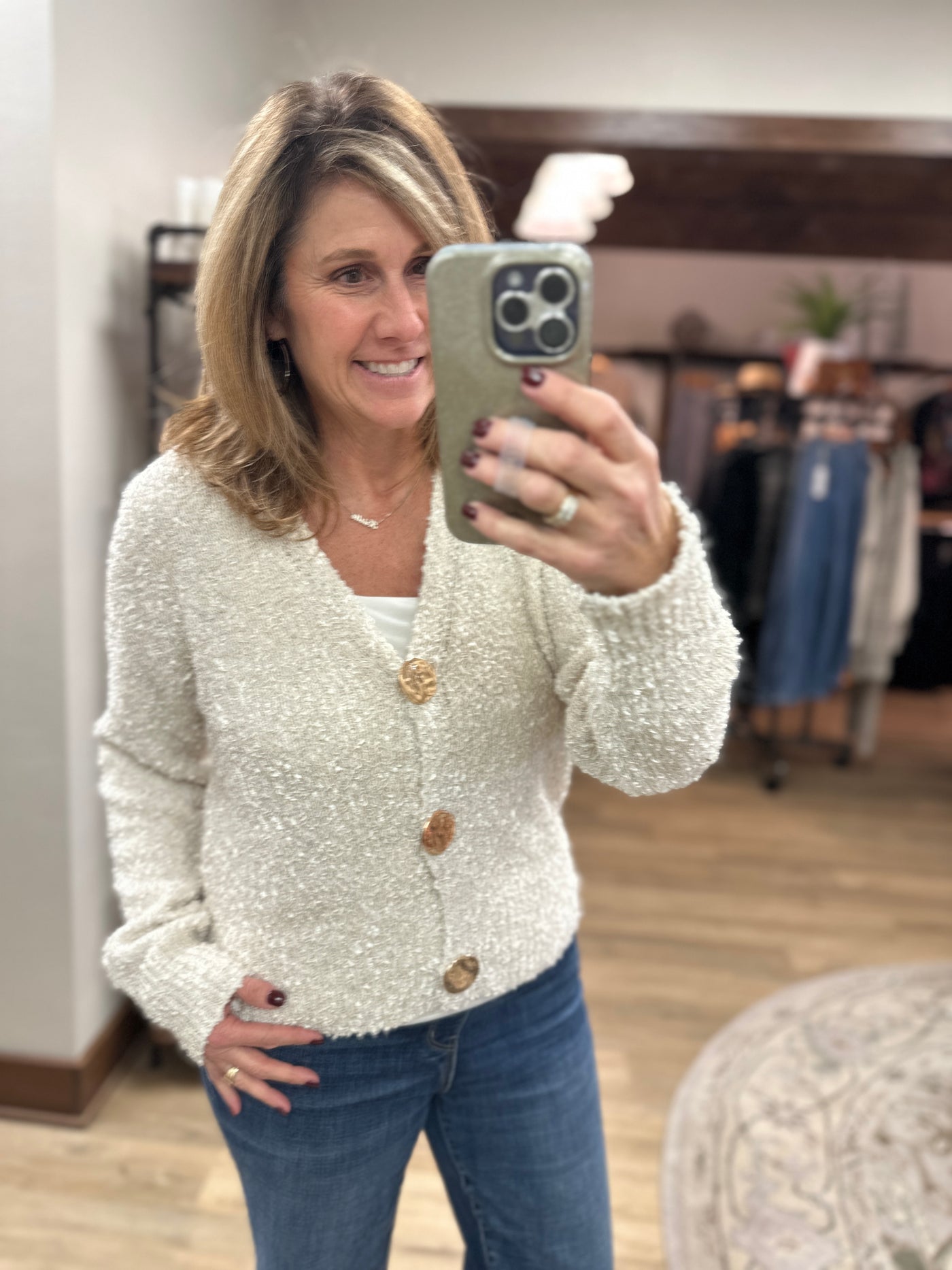 Ivory Shimmer w/Gold Button Sweater