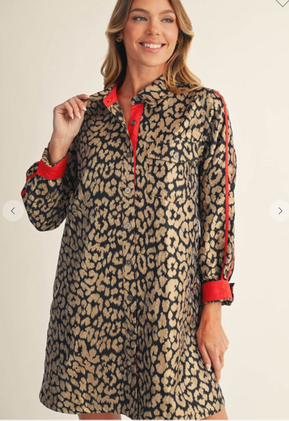 Solid Contrast Button Down Metallic Leopard Dress