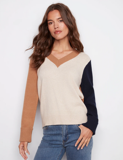 Charlie B Colorblock V-Neck Sweater - Truffle