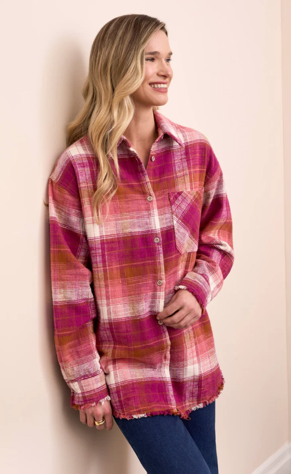 Tribal Oversized Flannel Fringed-Hem Shirt